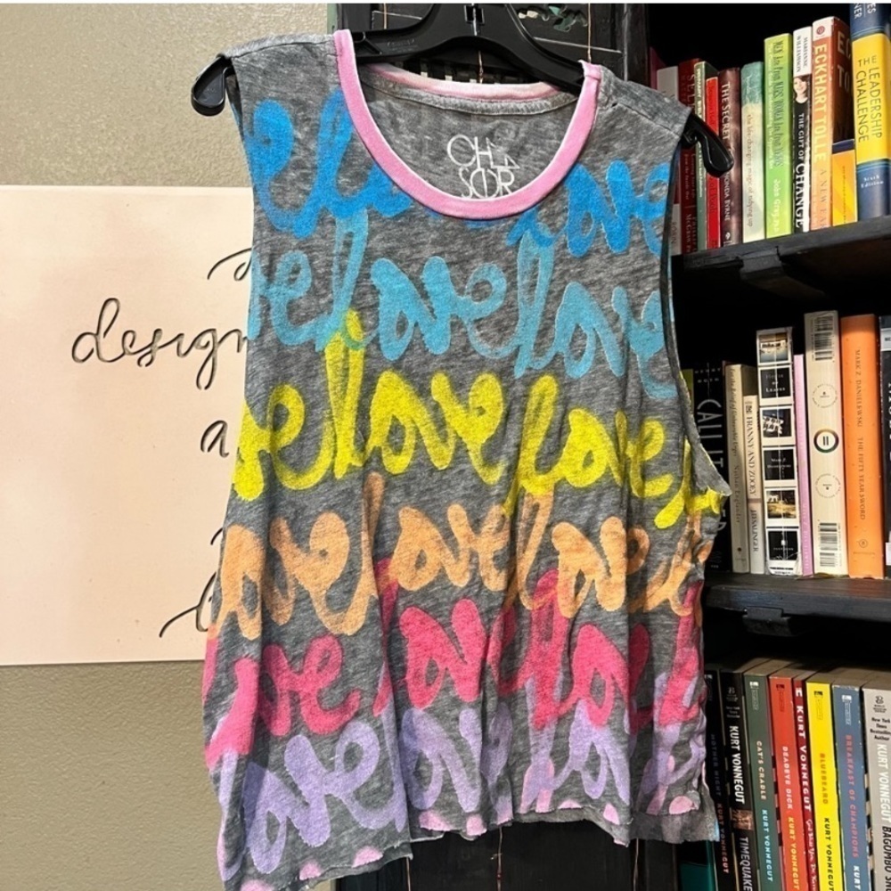 Chaser distressed Graffiti graphic rainbow love side boob muscle T-shirt